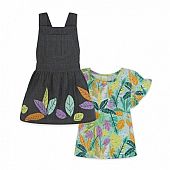 GREY PRINTED DENIM PINAFORE AND T-SHIRT FOR GIRLS 